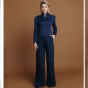 Jamil Aly Navy Jacquard Suit Set XS NWT Structured Jacket Wide Leg Trouser